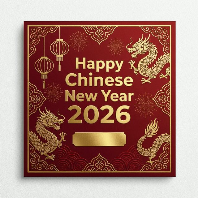 Chinese New Year greeting with dragon motifs and lanterns